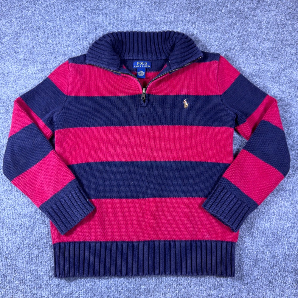 Polo Ralph Lauren Boys Navy Red Striped Quarter Zip Cotton Sweater Size S 8